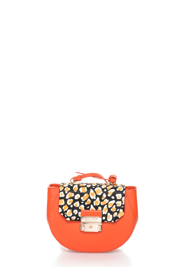 Geanta crossbody oranj de piele si piele cu par scurt